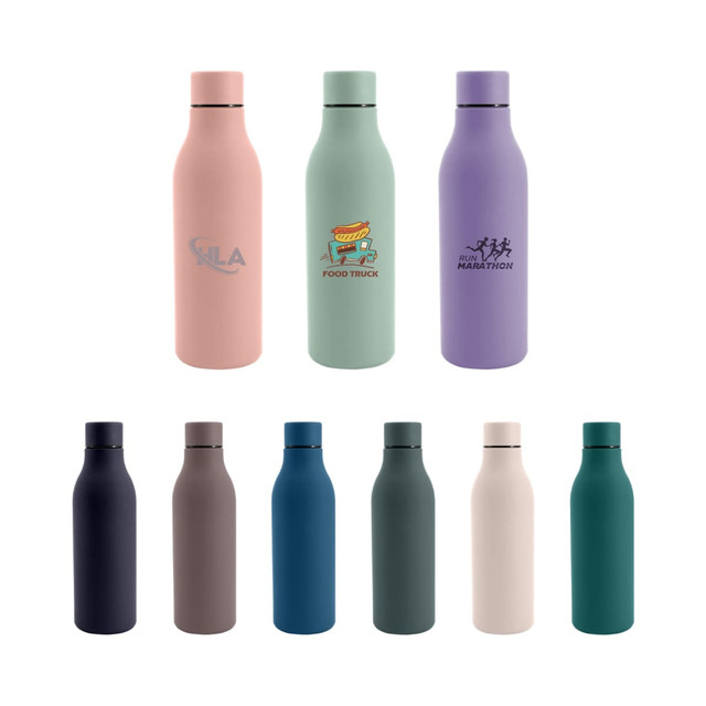 A drink bottle collection featuring various colours: pink, green, purple, navy, dark green, and cream, with logos.