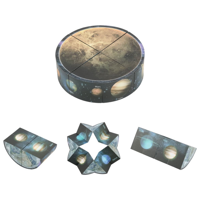 A 3D puzzle disc in space theme, featuring planets in earthy tones with diverse geometric shapes when assembled.