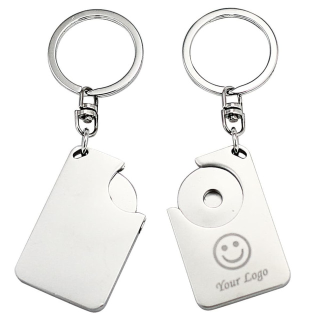 A keyring featuring two metal tags, one shaped like a card and the other with a circular cutout. It has a logo.
