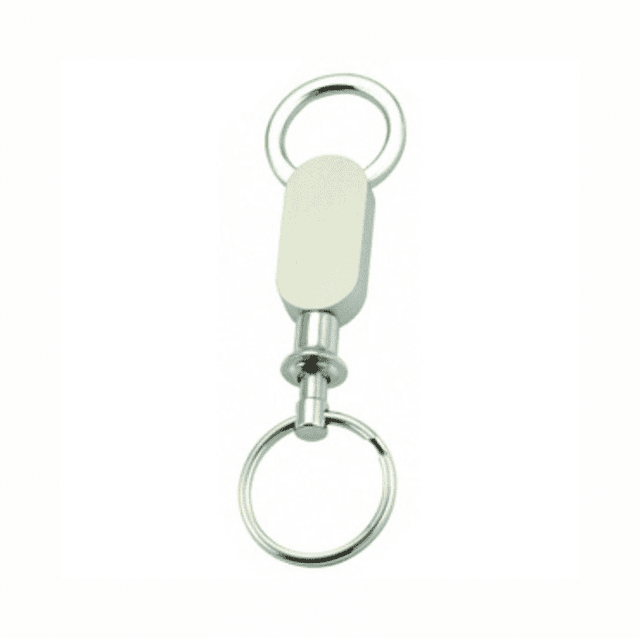 A keyring featuring a silver metal body with dual rings on each end. It has a sleek, minimalist design.