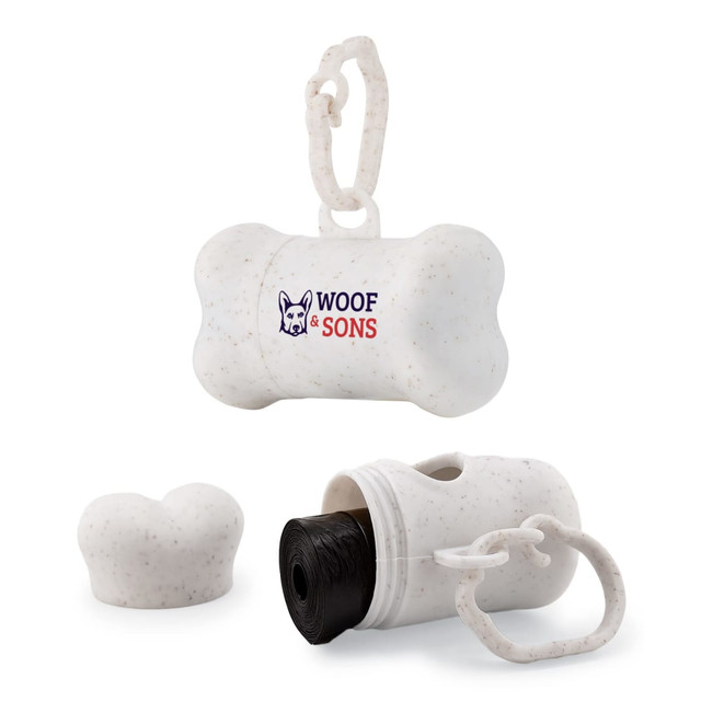 A bone-shaped dog waste bag dispenser in white with a logo and a roll of waste bags included.