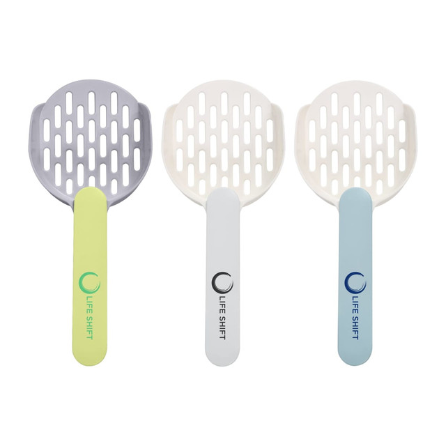 A set of three cat litter scoops in green, white, and blue, with a logo on the handle.