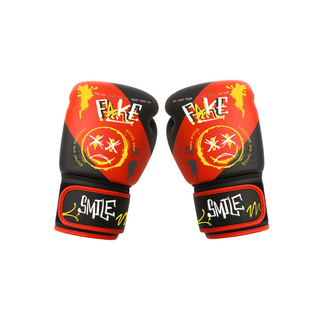 Kids boxing gloves in red and black with vibrant graphic designs, featuring a logo on the wrist strap.