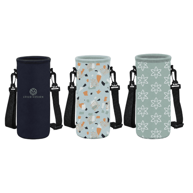 A drink bottle carrier featuring three designs: a navy blue, a geometric pattern, and a floral pattern, each with straps.