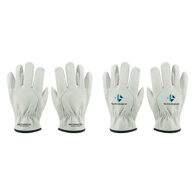 Leather work gloves in light grey with a logo, featuring a fitted wrist design and four-finger style.