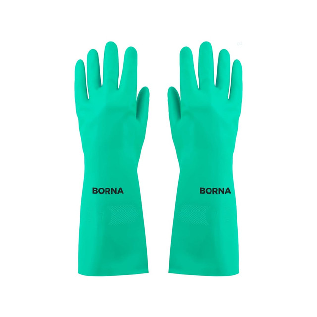A pair of green reusable nitrile gloves with a logo on one side, designed for cleaning tasks.