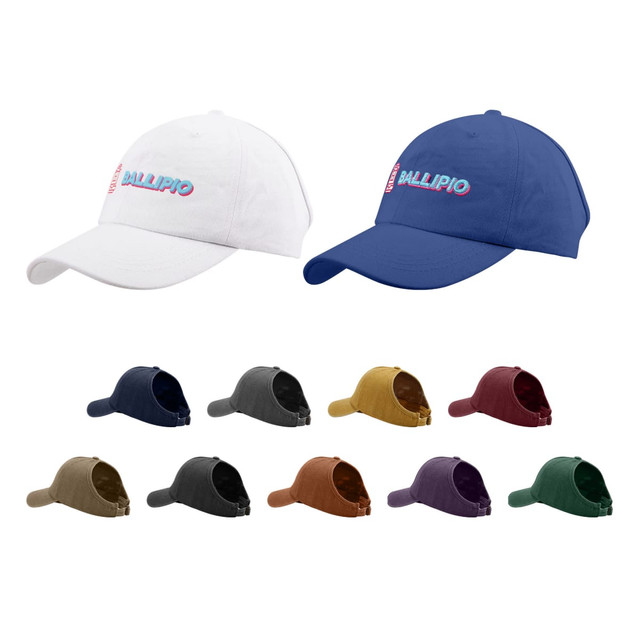 A collection of caps in various colours, including white, navy, dark grey, brown, and burgundy, featuring a logo.