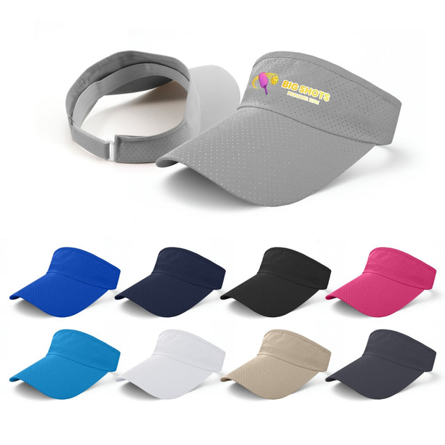 A breathable sun visor in various colours, including grey, navy, blue, white, black, pink, beige, and dark grey, featuring a logo.