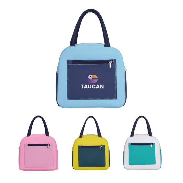 A colourful insulated lunch bag in blue, pink, yellow, and white, featuring a front pocket and a logo.