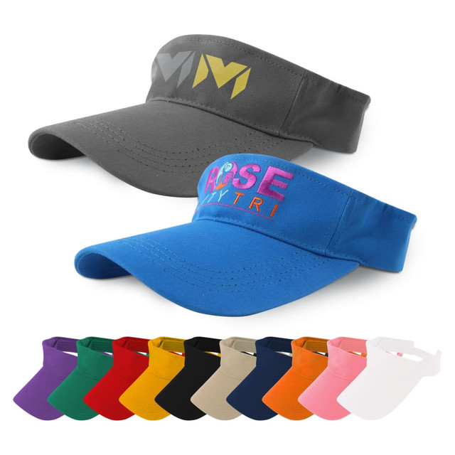 A collection of sport visors in various colours, featuring a logo on the grey and a design on the blue visor.