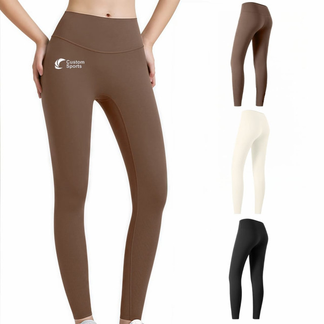 High-waisted elastic LYCRA yoga leggings in brown, white, and black. Features a logo on the brown pair.