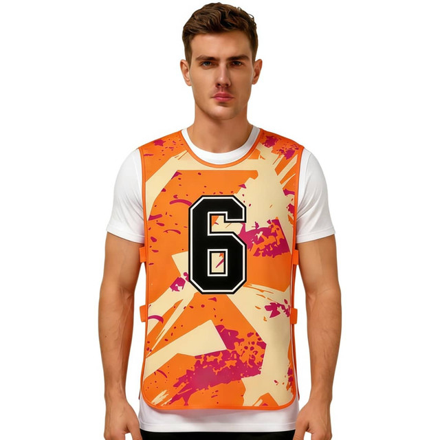 A training bib in orange and cream with a bold black number 6, featuring a logo and a strap for securing.