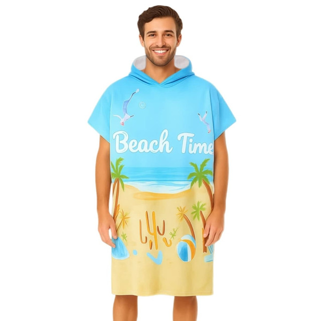 A blue and tan 100% cotton hoody towel surf poncho with a beach design and a logo.