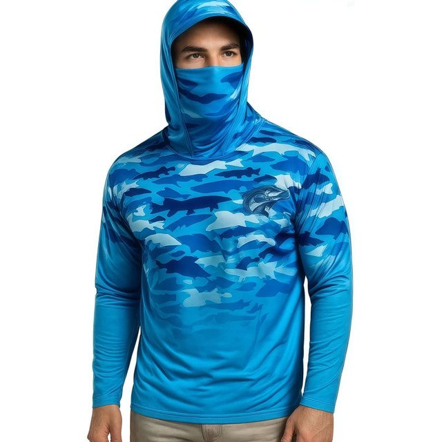 A blue camouflage fishing hoodie with a hood and face covering, featuring a logo on one side.