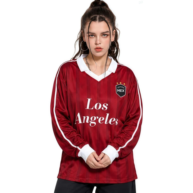 A red, long-sleeved football jersey with a white collar and a logo; features the text "Los Angeles."