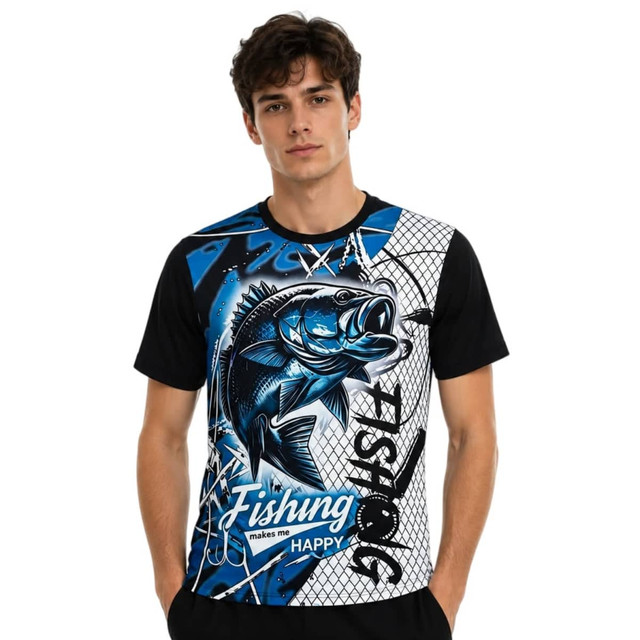 A men's fishing T-shirt featuring a vibrant blue and black design with a graphic of a fish and a logo.