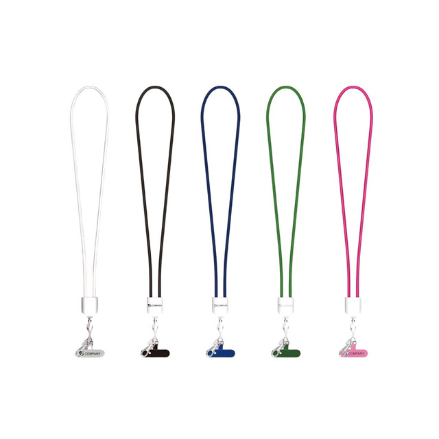 A set of five lanyards in white, black, blue, green, and pink, featuring a clip at the end and a logo.