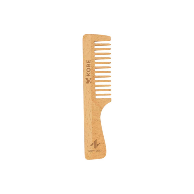 A wide-tooth beech wood comb in a light wood colour features a smooth finish and a logo.