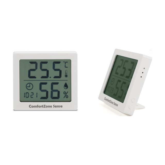 A white digital thermometer displaying temperature and humidity readings, with a stand for easy placement.