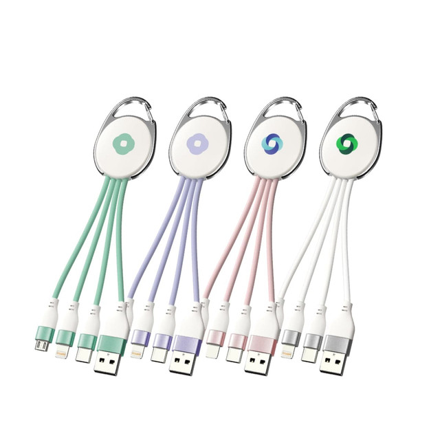 A 3-in-1 charging cable with a keyring, featuring green, purple, pink, and silver cables. Includes a logo on the keyring.