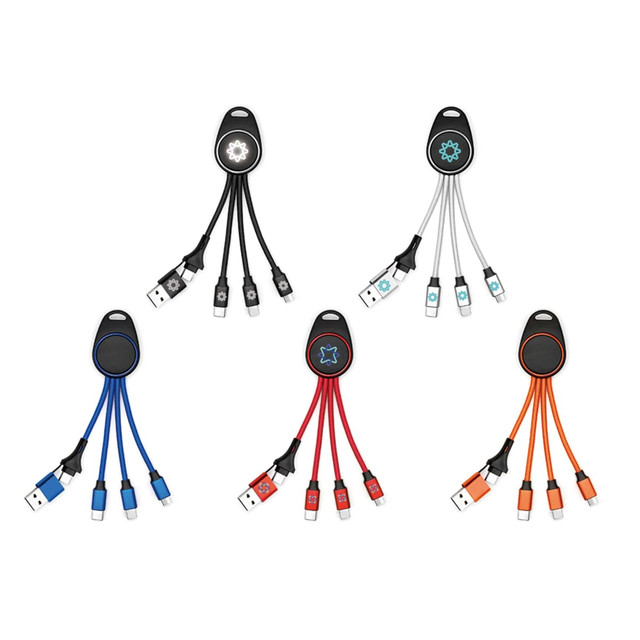 A set of five 6-in-1 light-up charging cables in black, grey, blue, and orange, featuring a logo.