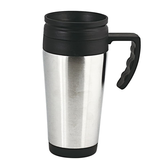 A stainless steel coffee mug with a black plastic lid and handle, suitable for drinkware use.
