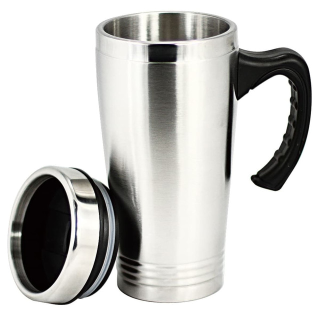 A stainless steel coffee mug with a black handle and removable lid. It has a polished finish and a sleek design.