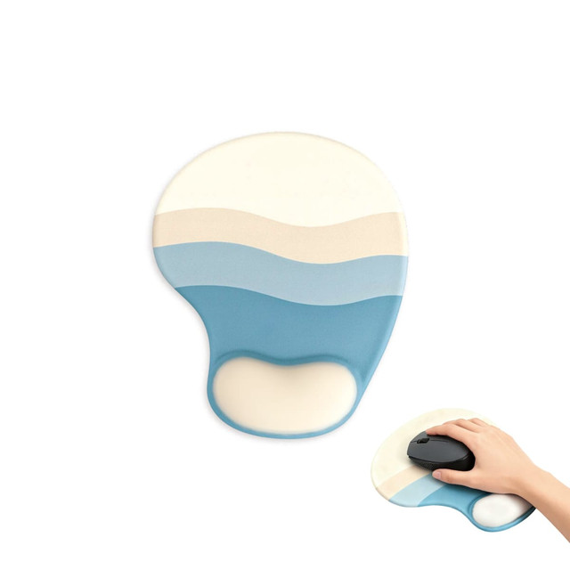 A blue and cream lightweight bean gel pad with a hand resting on a black computer mouse. It features a smooth, wavy design.
