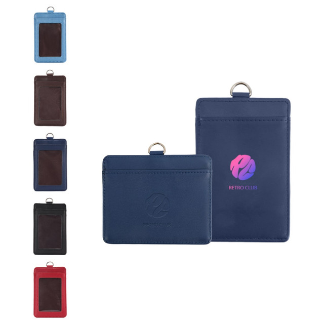 A PU leather card holder in blue, brown, navy, red, and black, featuring a logo and a slot for cards.