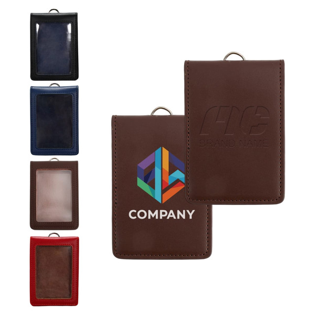 A variety of PU leather ID card holders in black, navy, blue, brown, and red with a logo on the brown holder.