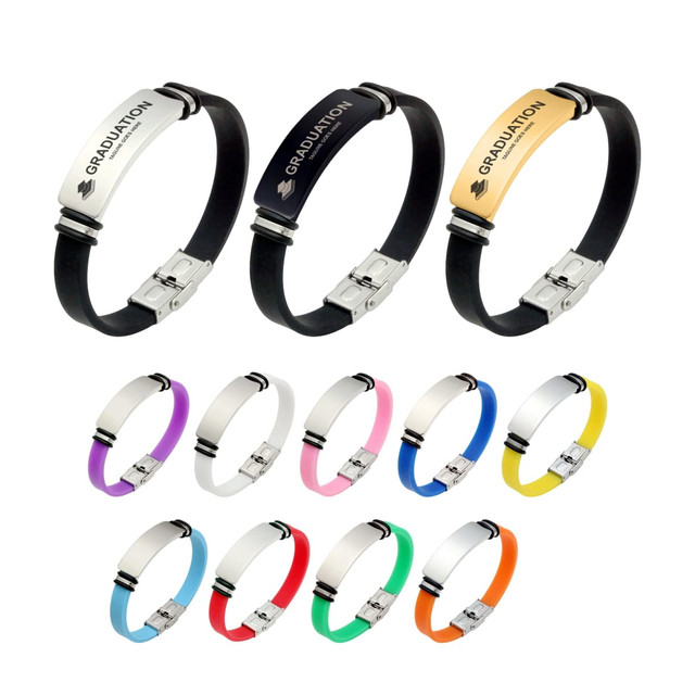 A range of colour engraved bracelets in various shades, including black, purple, pink, blue, green, and orange, with metal accents.