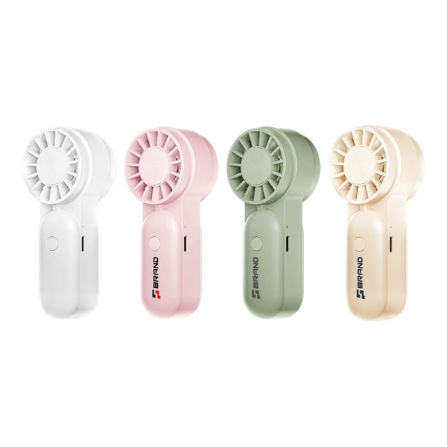 A set of four portable handheld fans in white, pink, green, and beige, featuring a branding logo.