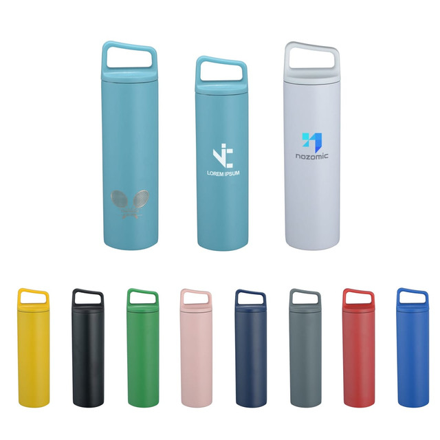 A drink bottle collection featuring various colours including blue, white, yellow, black, green, red, and blue, with handles and logos.