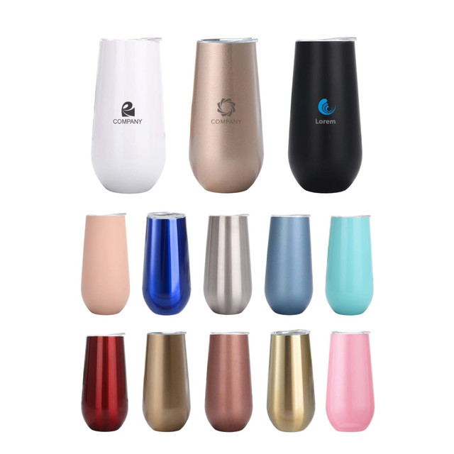 A drink bottle collection featuring various 150ml vacuum champagne flutes in colours including white, gold, black, blue, mint, and red.