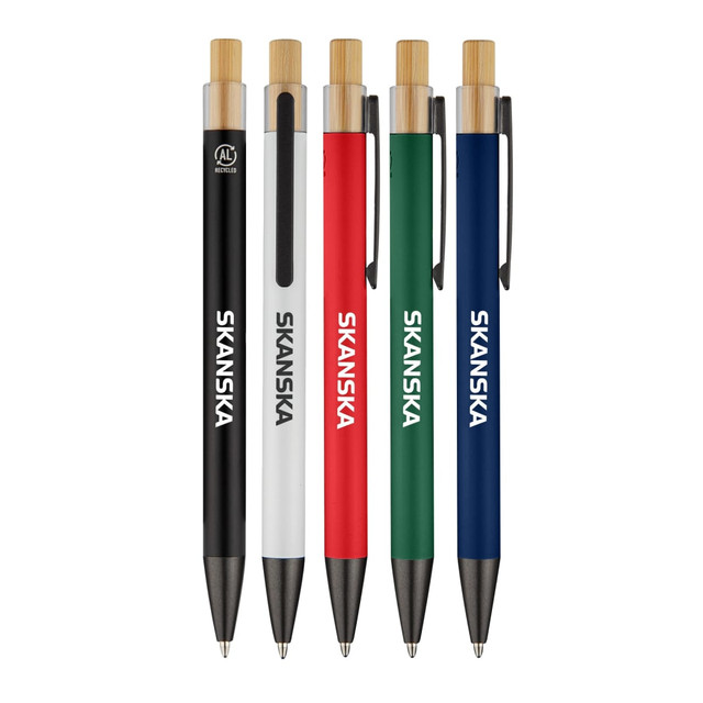 A set of five Sio Metal Pens in black, white, red, green, and blue, featuring a bamboo top and branding.
