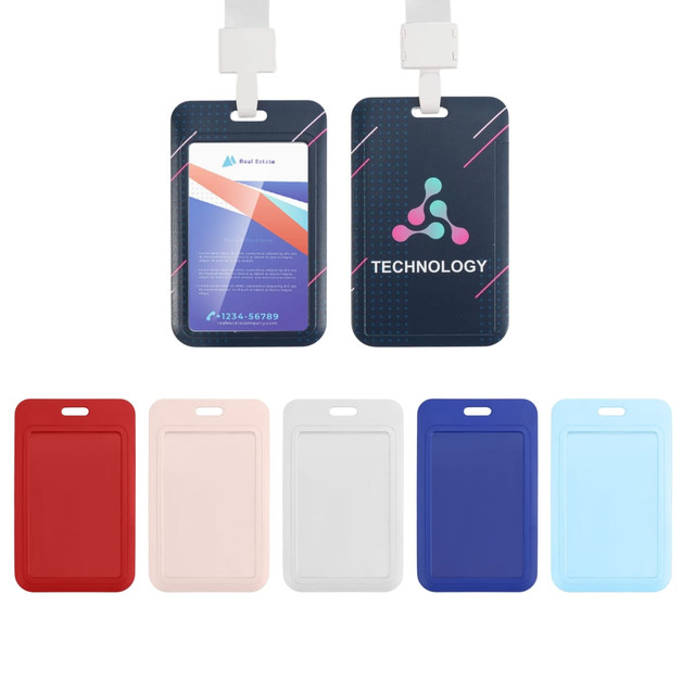 An ABS single side ID card holder in various colours, featuring a logo and a transparent front for the ID.