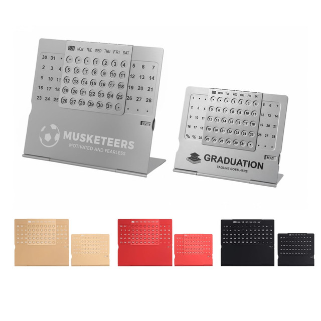Two aluminium desk calendars in silver and various other colours, featuring multiple month and date options. Each has a logo.