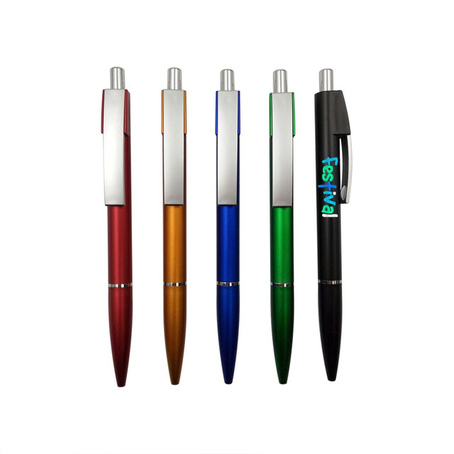 A set of five ballpoint pens in red, orange, blue, green, and black, featuring silver clips and one with a logo.