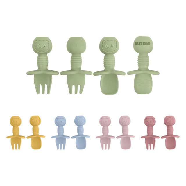 Silicone kids cutlery set in pastel colours, including green, yellow, blue, and pink, featuring bear-shaped designs.