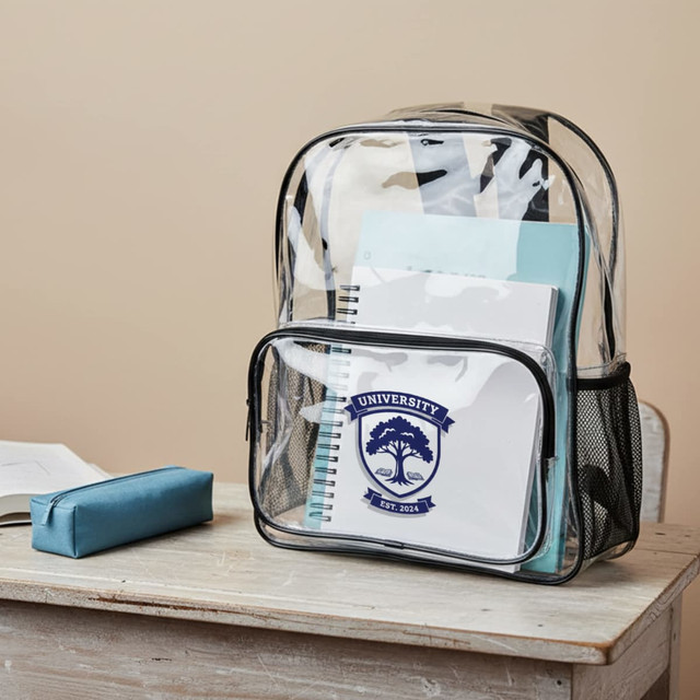 A clear stadium backpack with blue and white documents inside, featuring a front pocket and a pencil case beside it.