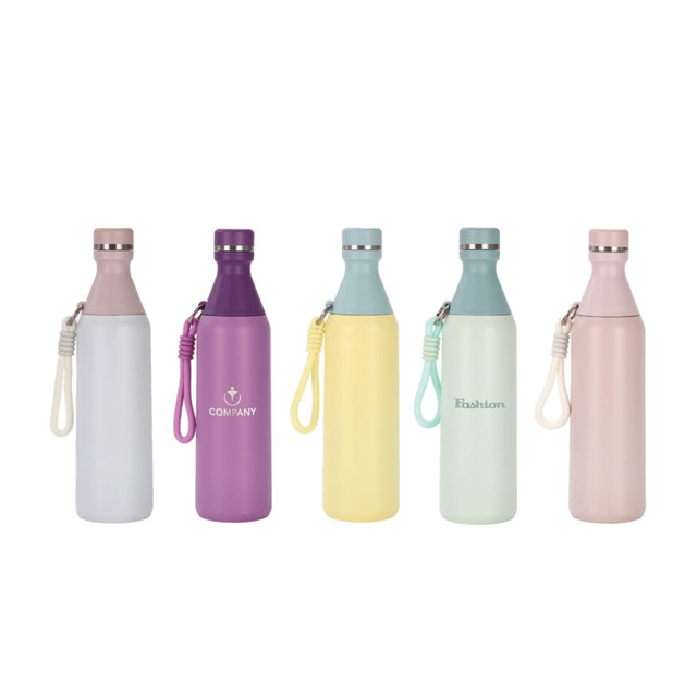 A drink bottle collection features five 500ML stainless steel bottles in various colours: white, purple, blue, yellow, and green.