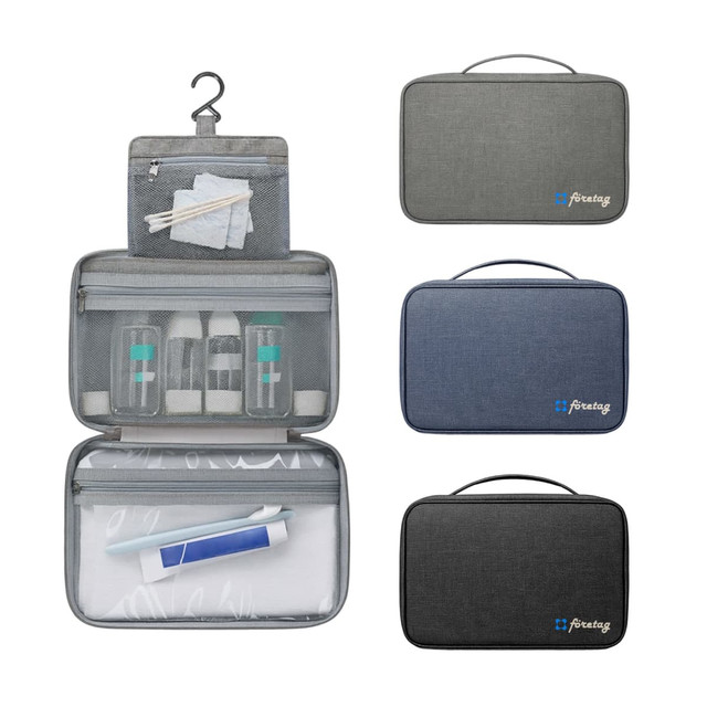 A portable hanging travel toiletry bag in grey, featuring multiple compartments and a hook for easy hanging. Includes three containers.