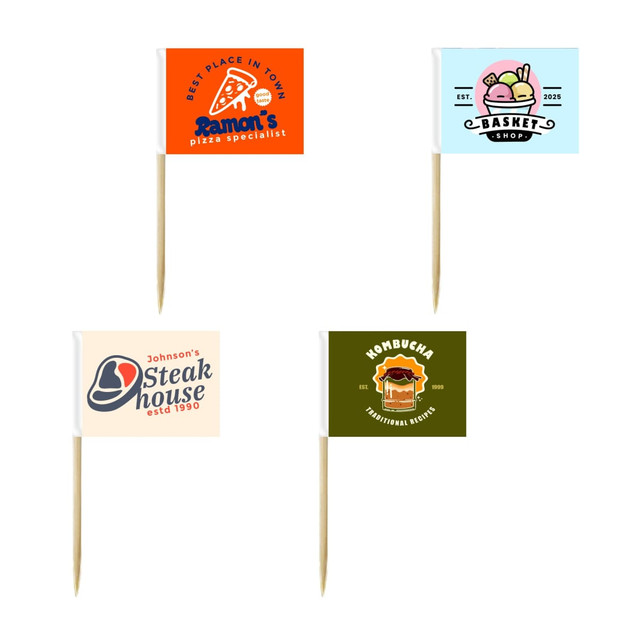 A pack of 100 assorted coloured labeling stick flags featuring various designs and a wooden stick base.