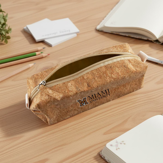 A cork pencil case in a rectangular shape with a zip closure, featuring a logo and a natural cork colour.