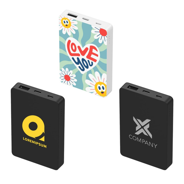 Three power banks: one with a floral design and hearts, and two in black featuring different logos.
