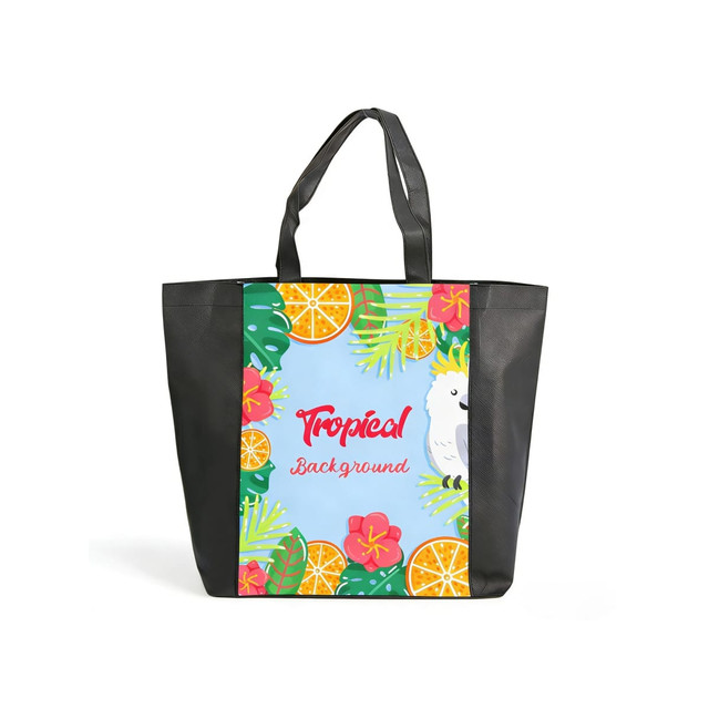 A tote bag featuring a vibrant tropical design with flowers, fruits, and a bird, complemented by black handles.