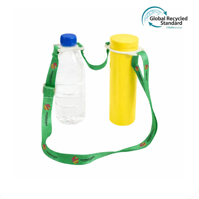 A drink bottle lanyard in green featuring a blue water bottle and a yellow container. The lanyard has a logo.