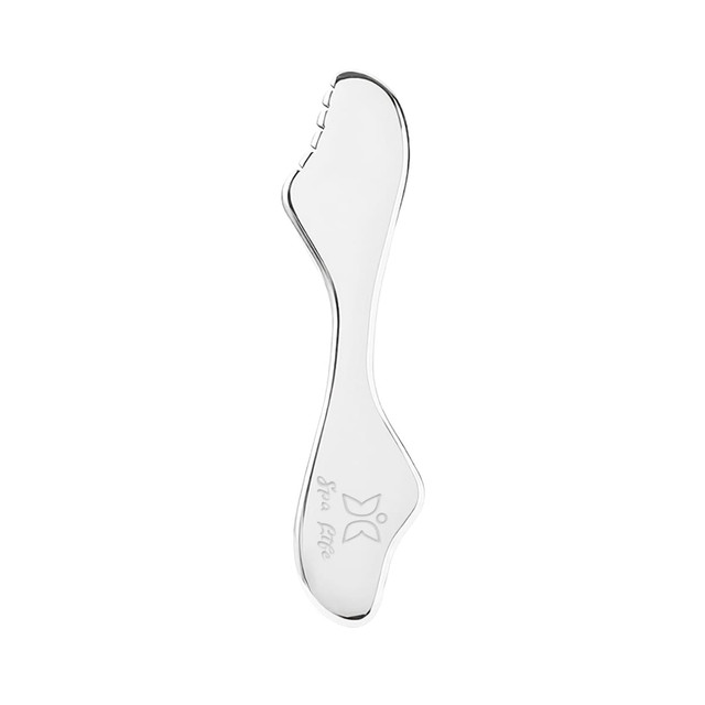 A silver massage tool with a sleek, elongated design and a logo on one side.