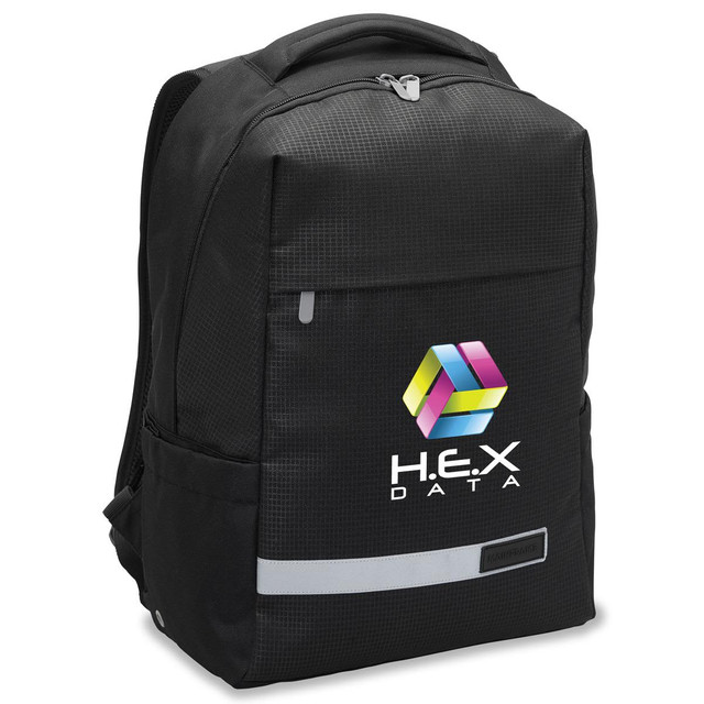 A black laptop backpack with a logo on the front and reflective strip. Features a sleek, modern design.
