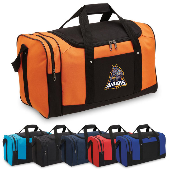 An orange duffle bag with black accents and a logo, featuring additional bags in blue and black.